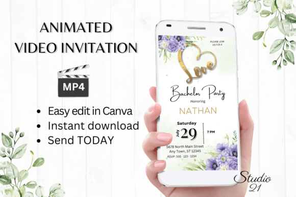 Purple Bachelor Party Invite W5510: A Bold Digital Template for Instant Celebration