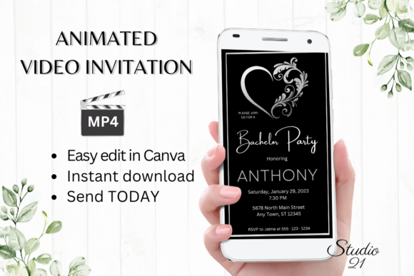 Silver Bachelor Party Invite W5931: Digital Animated Invitation
